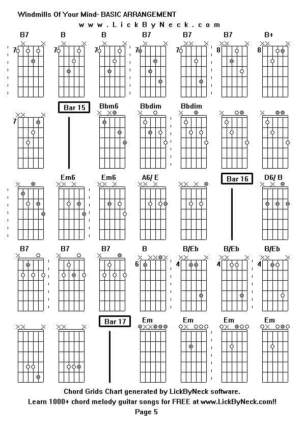 Chord Grids Chart of chord melody fingerstyle guitar song-Windmills Of Your Mind- BASIC ARRANGEMENT,generated by LickByNeck software.